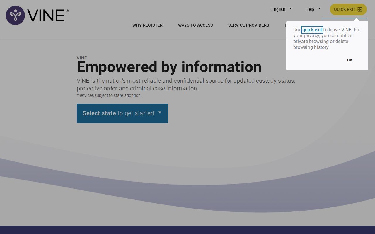 VINELink alert registration interface for custody notifications