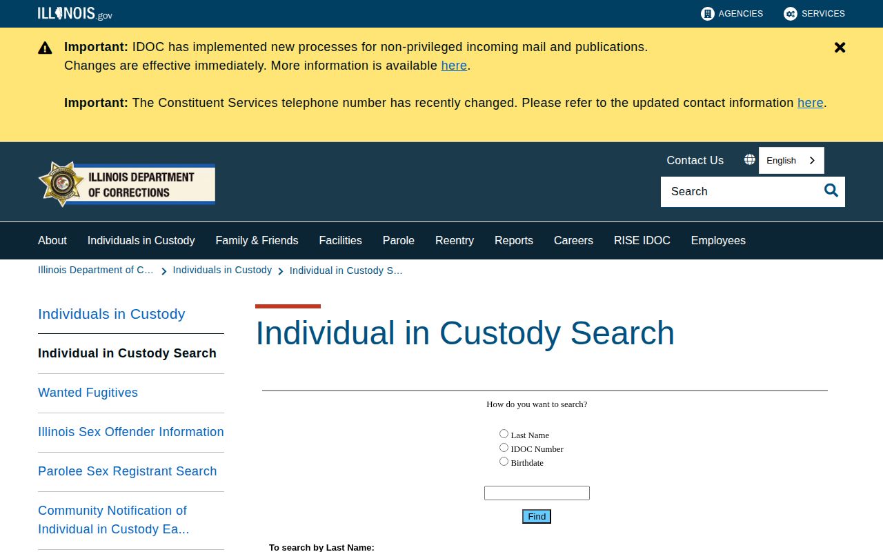 Illinois Department of Corrections inmate search page