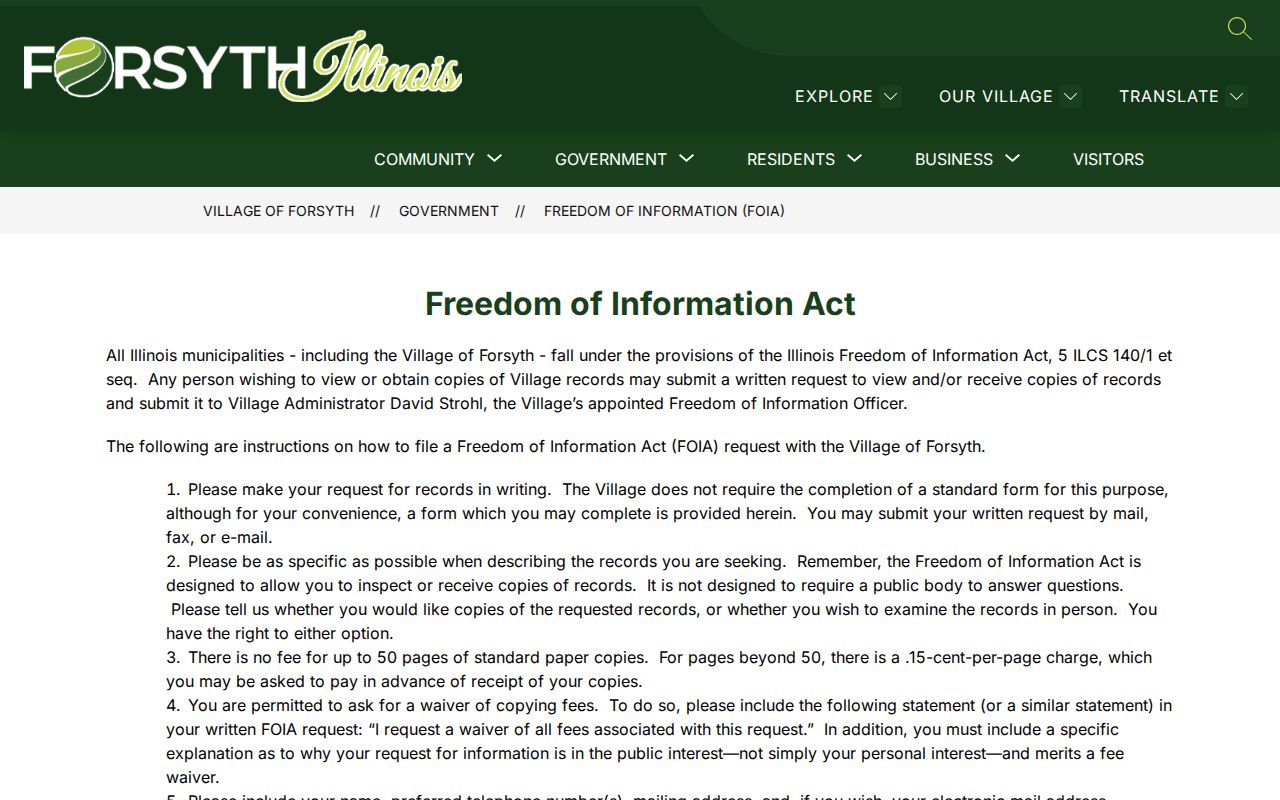 Forsyth Village FOIA page for municipal arrest-related records in Macon County
